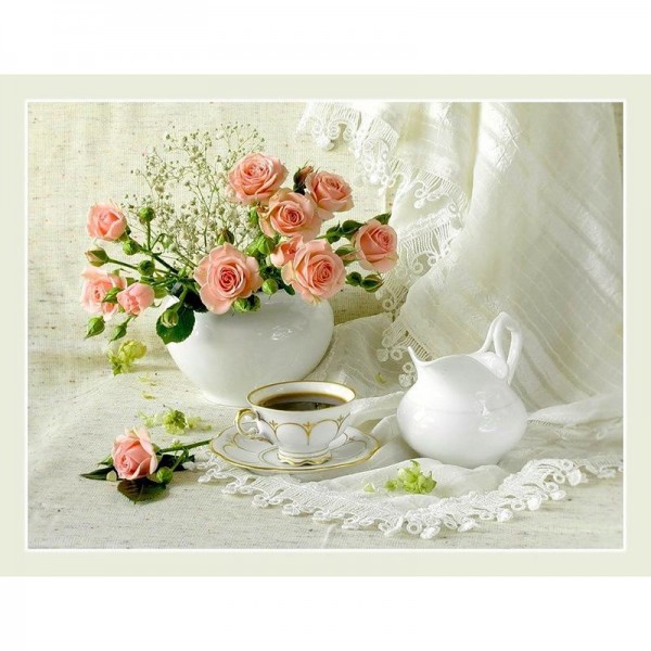 Pink Flowers And Coffee Diamond Painting Kit - DIY